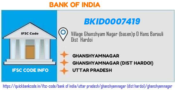 Bank of India Ghanshyamnagar BKID0007419 IFSC Code