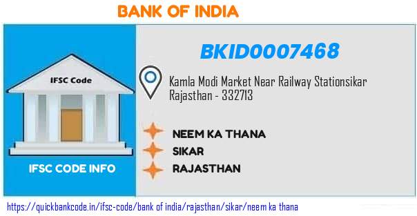 Bank of India Neem Ka Thana BKID0007468 IFSC Code