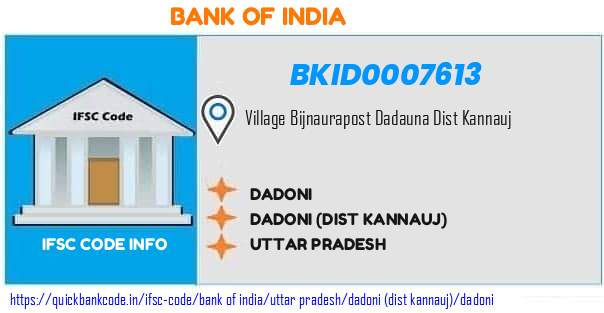 Bank of India Dadoni BKID0007613 IFSC Code