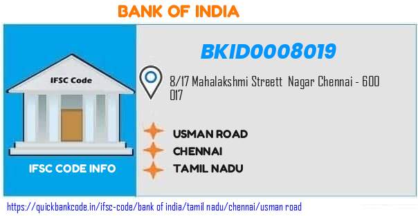 Bank of India Usman Road BKID0008019 IFSC Code