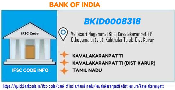 Bank of India Kavalakaranpatti BKID0008318 IFSC Code