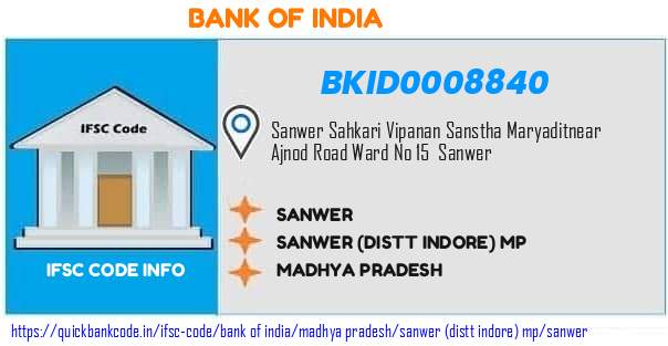 Bank of India Sanwer BKID0008840 IFSC Code