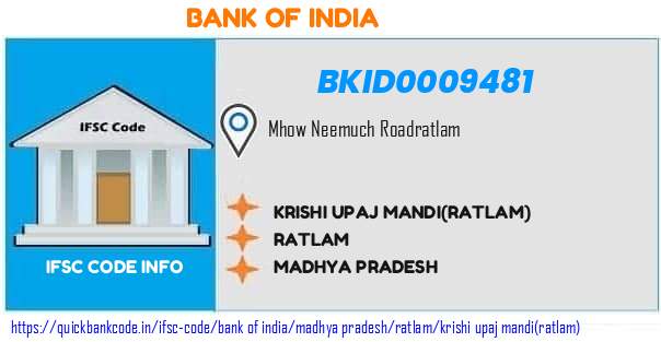 Bank of India Krishi Upaj Mandiratlam BKID0009481 IFSC Code