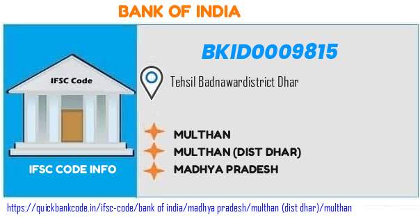 Bank of India Multhan BKID0009815 IFSC Code