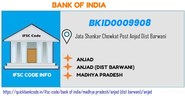 Bank of India Anjad BKID0009908 IFSC Code