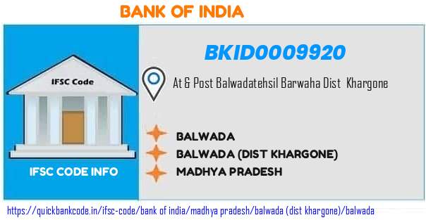 BKID0009920 Bank of India. BALWADA