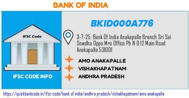 Bank of India Amo Anakapalle BKID000A776 IFSC Code