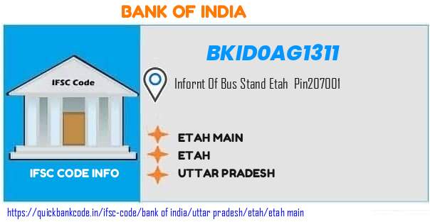 Bank of India Etah Main BKID0AG1311 IFSC Code