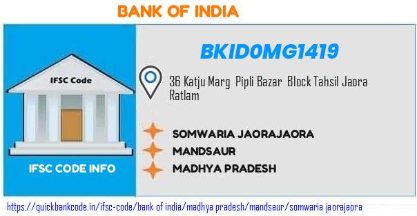 Bank of India Somwaria Jaorajaora BKID0MG1419 IFSC Code