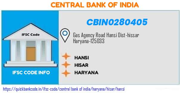 Central Bank of India Hansi CBIN0280405 IFSC Code