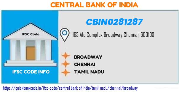 Central Bank of India Broadway CBIN0281287 IFSC Code