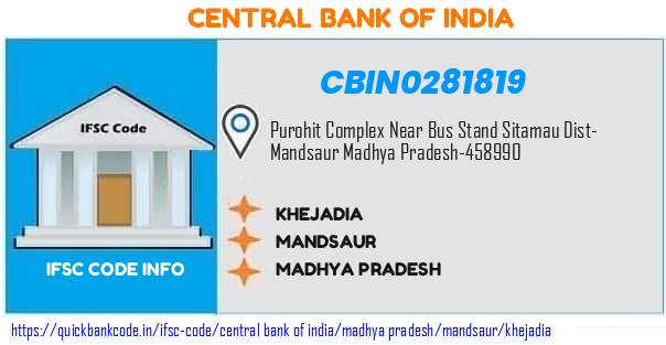 Central Bank of India Khejadia CBIN0281819 IFSC Code