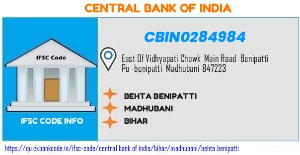 Central Bank of India Behta Benipatti CBIN0284984 IFSC Code