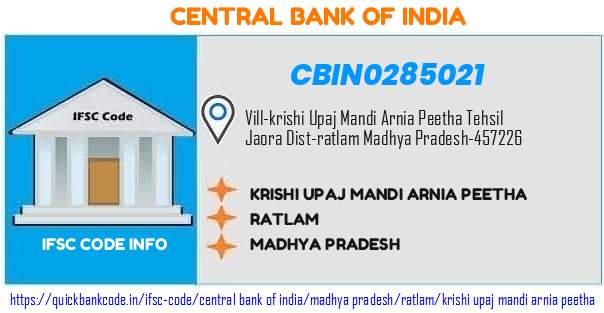 Central Bank of India Krishi Upaj Mandi Arnia Peetha CBIN0285021 IFSC Code