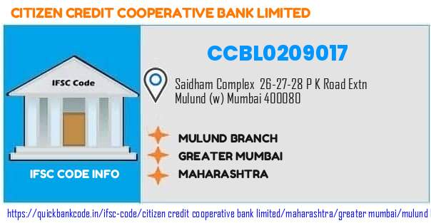 Citizen Credit Cooperative Bank Mulund Branch CCBL0209017 IFSC Code