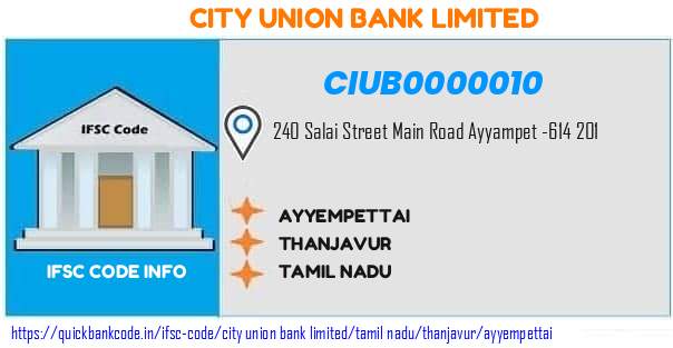 City Union Bank Ayyempettai CIUB0000010 IFSC Code