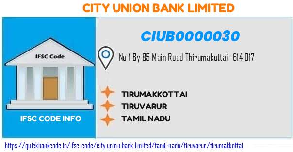 City Union Bank Tirumakkottai CIUB0000030 IFSC Code