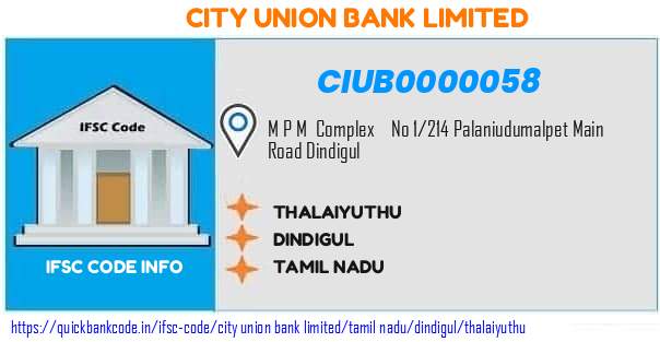 City Union Bank Thalaiyuthu CIUB0000058 IFSC Code