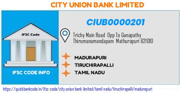 City Union Bank Madurapuri CIUB0000201 IFSC Code
