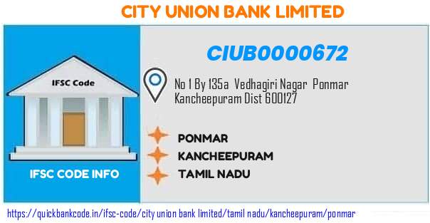 City Union Bank Ponmar CIUB0000672 IFSC Code