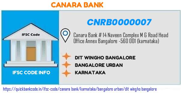 Canara Bank Dit Wingho Bangalore CNRB0000007 IFSC Code