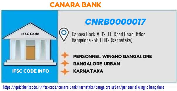 Canara Bank Personnel Wingho Bangalore CNRB0000017 IFSC Code