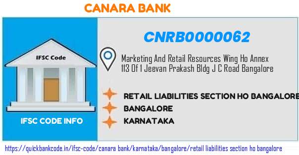 Canara Bank Retail Liabilities Section Ho Bangalore CNRB0000062 IFSC Code