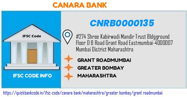 Canara Bank Grant Roadmumbai CNRB0000135 IFSC Code