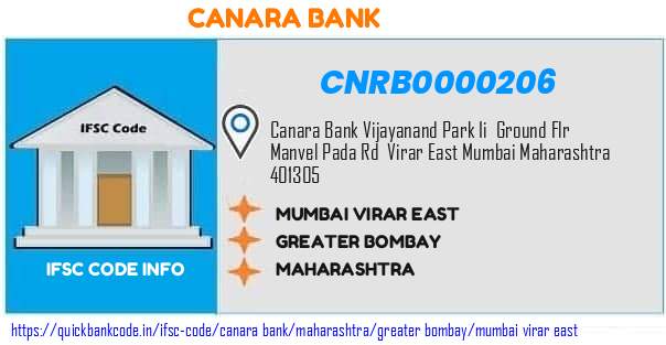 Canara Bank Mumbai Virar East CNRB0000206 IFSC Code