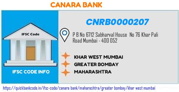 CNRB0000207 Canara Bank. KHAR WEST, MUMBAI