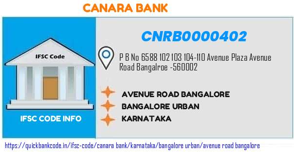 Canara Bank Avenue Road Bangalore CNRB0000402 IFSC Code