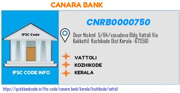 Canara Bank Vattoli CNRB0000750 IFSC Code