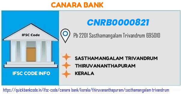 Canara Bank Sasthamangalam Trivandrum CNRB0000821 IFSC Code