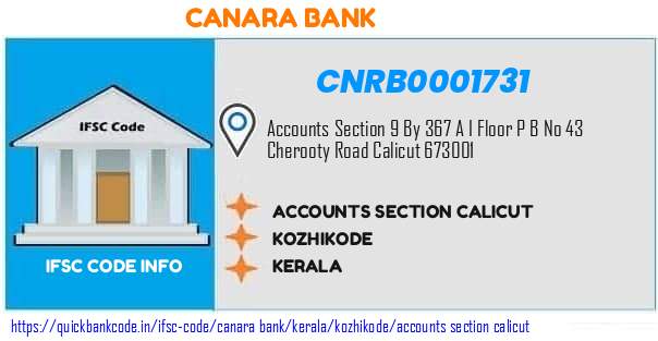 Canara Bank Accounts Section Calicut CNRB0001731 IFSC Code