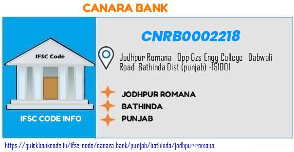 Canara Bank Jodhpur Romana CNRB0002218 IFSC Code