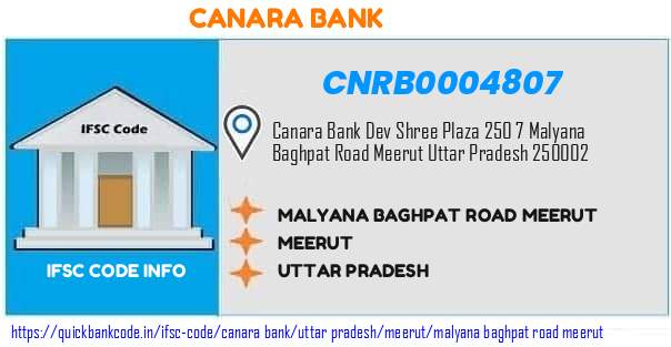 Canara Bank Malyana Baghpat Road Meerut CNRB0004807 IFSC Code