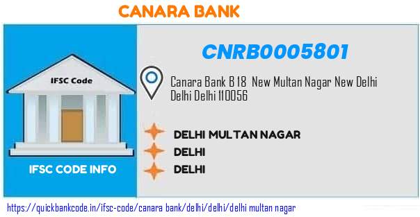 Canara Bank Delhi Multan Nagar CNRB0005801 IFSC Code