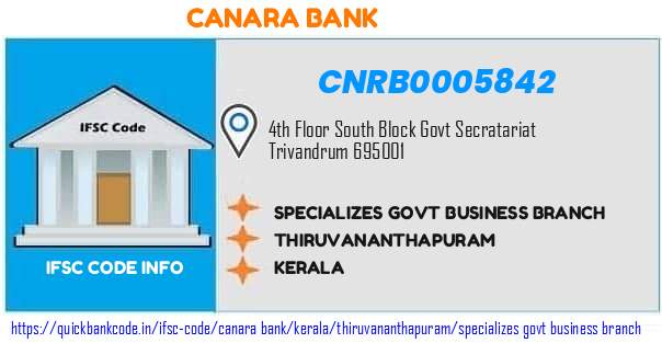 Canara Bank Specializes Govt Business Branch CNRB0005842 IFSC Code
