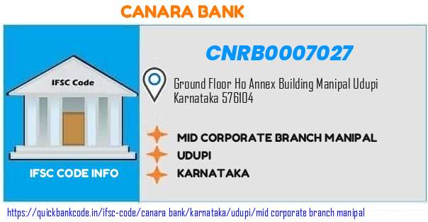 Canara Bank Mid Corporate Branch Manipal CNRB0007027 IFSC Code