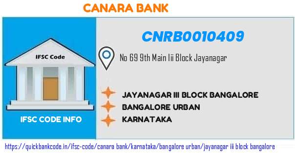 Canara Bank Jayanagar Iii Block Bangalore CNRB0010409 IFSC Code