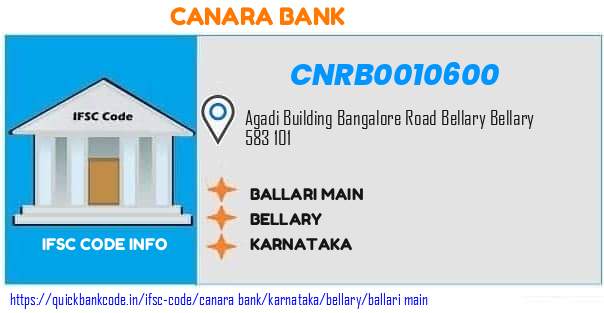 Canara Bank Ballari Main CNRB0010600 IFSC Code