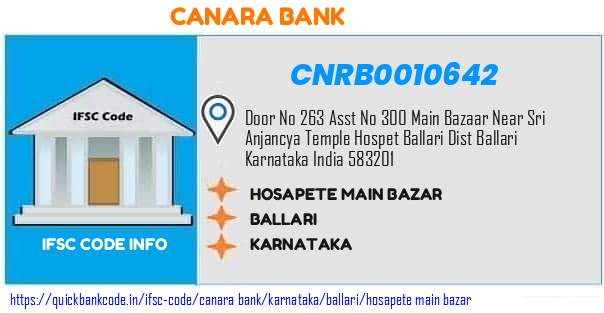 Canara Bank Hosapete Main Bazar CNRB0010642 IFSC Code