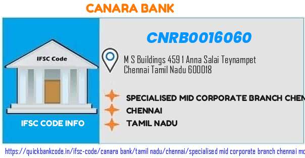 Canara Bank Specialised Mid Corporate Branch Chennai Mount Road CNRB0016060 IFSC Code