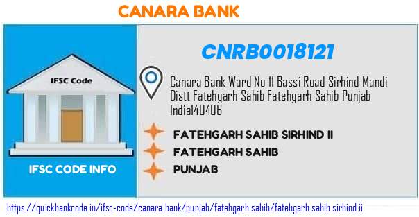 Canara Bank Fatehgarh Sahib Sirhind Ii CNRB0018121 IFSC Code