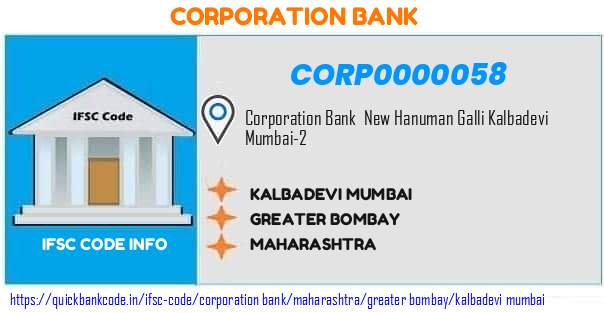 Corporation Bank Kalbadevi Mumbai CORP0000058 IFSC Code
