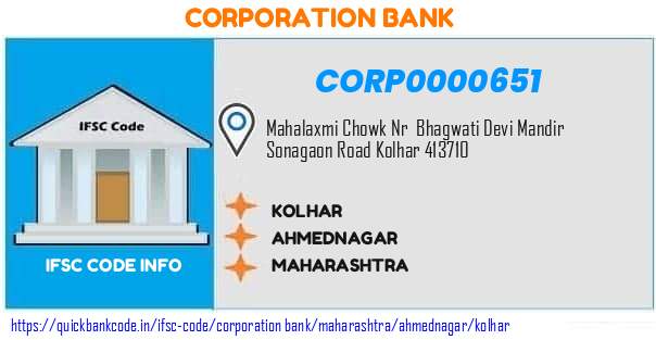Corporation Bank Kolhar CORP0000651 IFSC Code