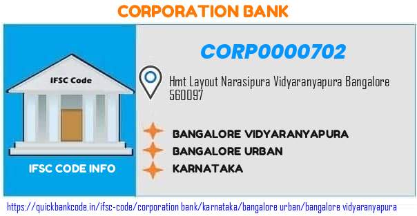 Corporation Bank Bangalore Vidyaranyapura CORP0000702 IFSC Code