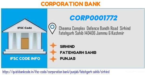 Corporation Bank Sirhind CORP0001772 IFSC Code