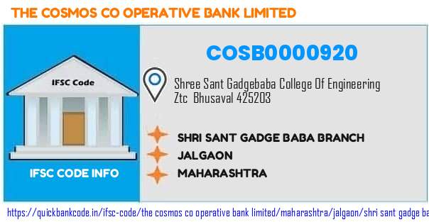 The Cosmos Co Operative Bank Shri Sant Gadge Baba Branch COSB0000920 IFSC Code