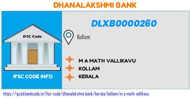 Dhanalakshmi Bank M A Math Vallikavu DLXB0000260 IFSC Code